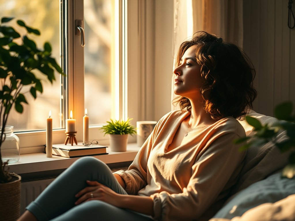 woman gazing out of window