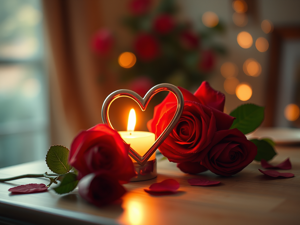 heart, roses, and candle