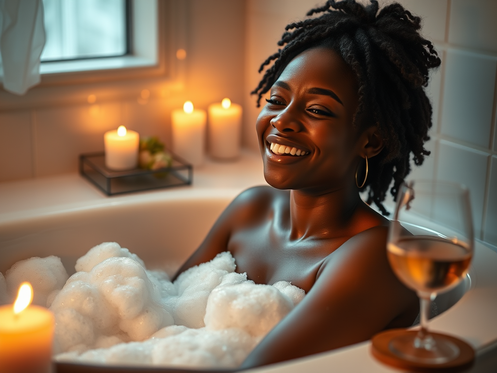 happy women in bubble bath