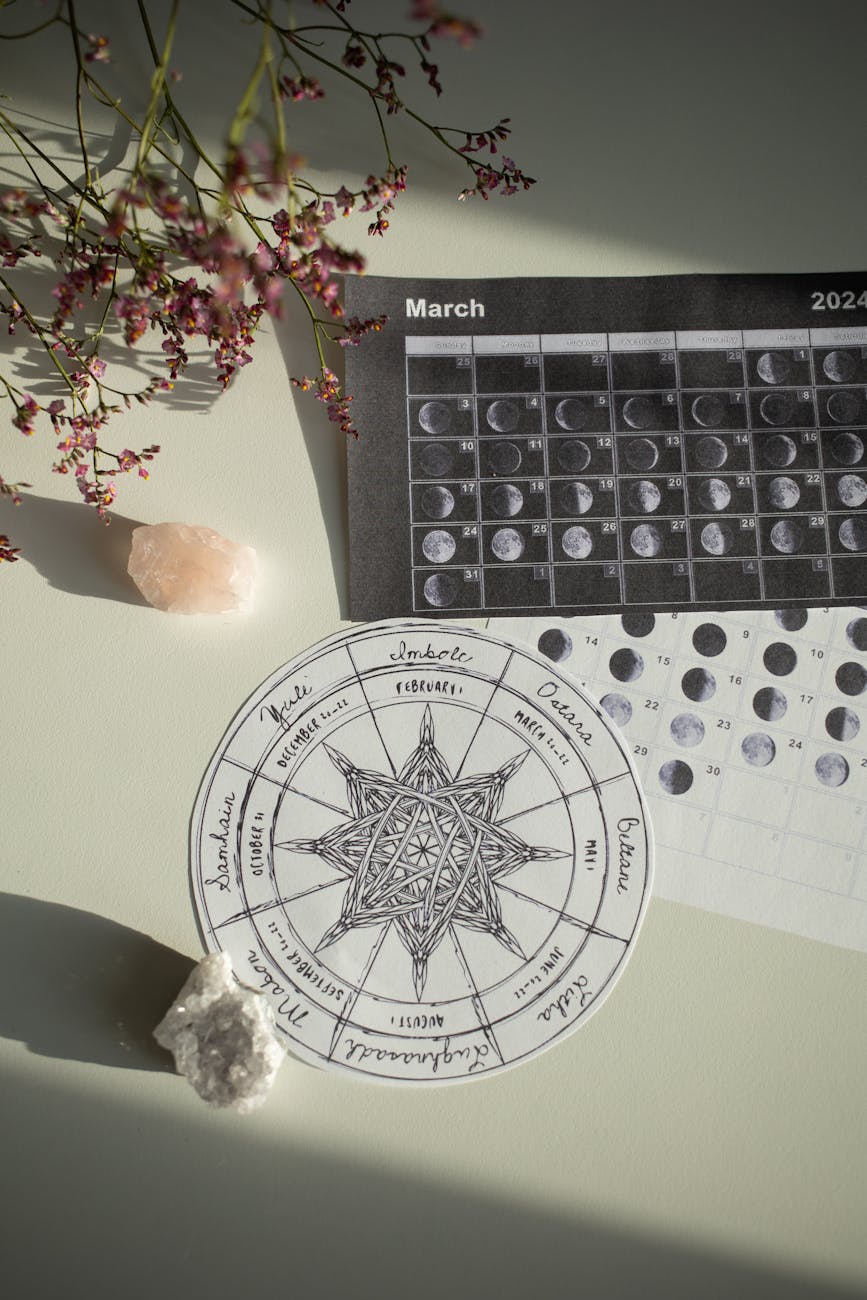 wheel of year by calendar on white desk