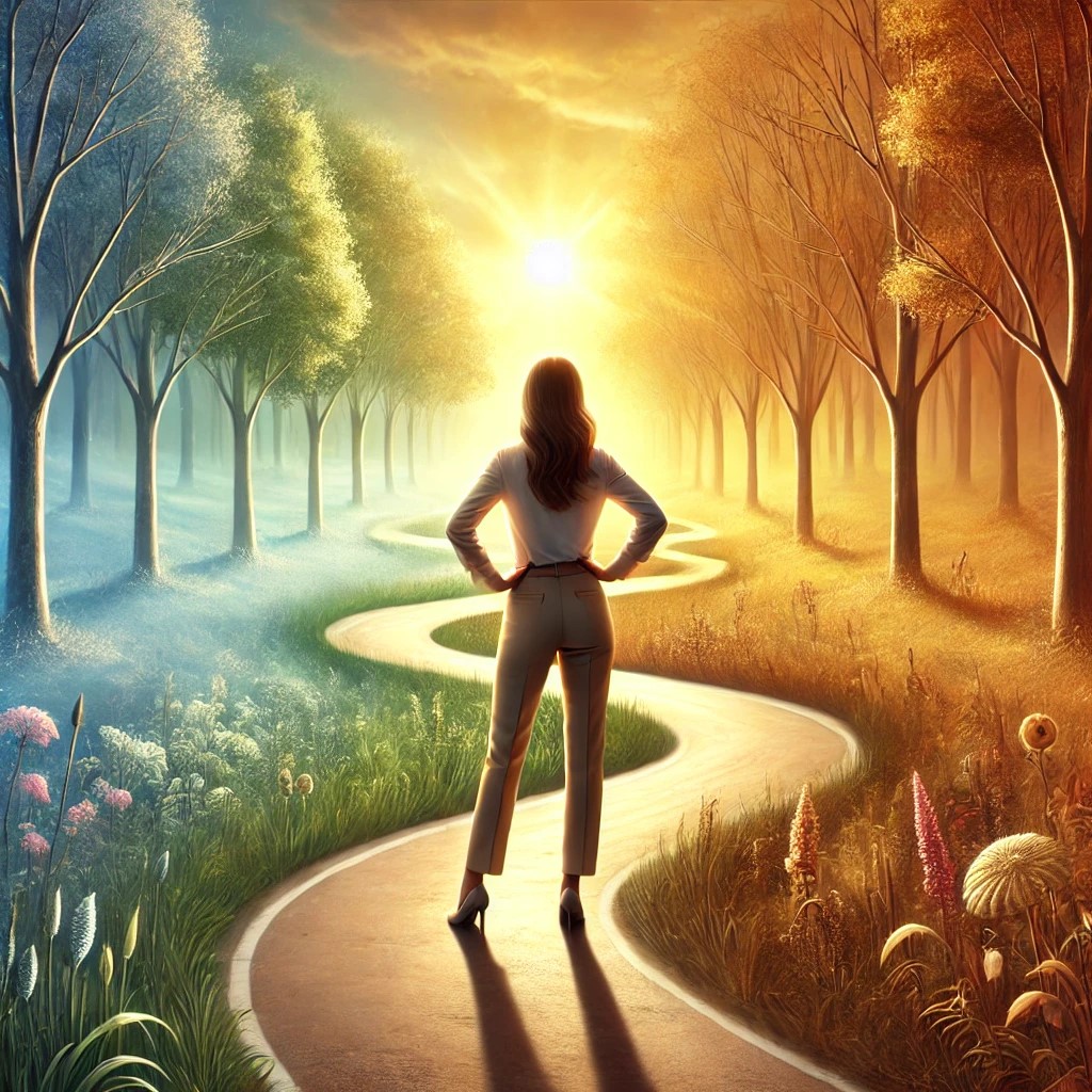 woman standing confidently on path