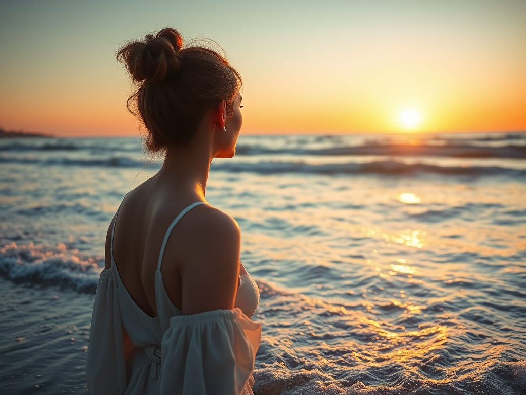 woman facing ocean at sunrise