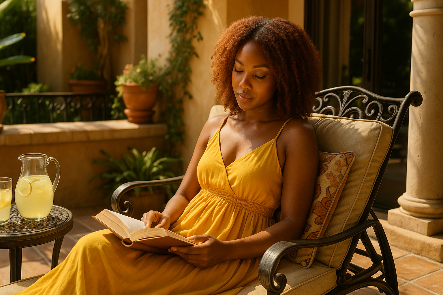 introverted woman relaxing on patio